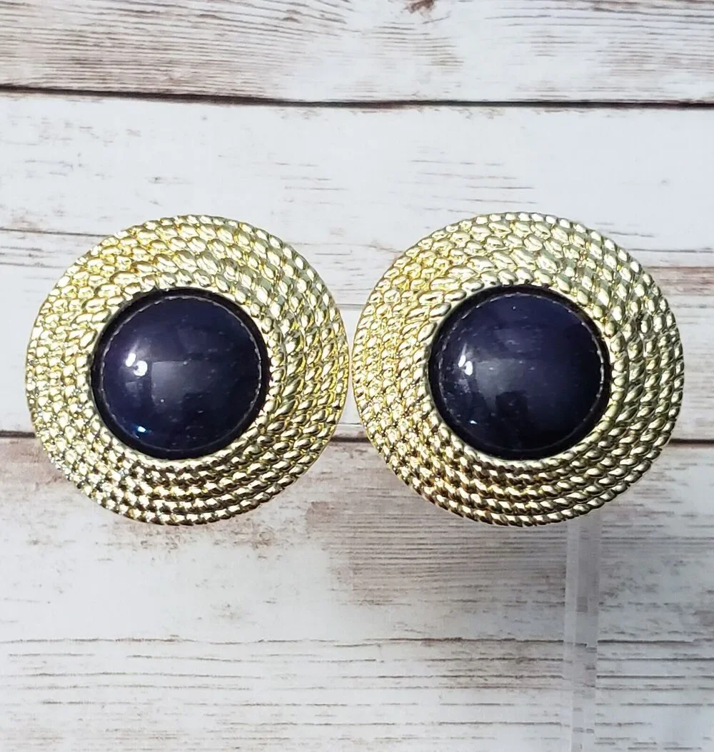 Vintage Clip On Earrings Gold Tone Halo with Blue Speckled Center Large 1 & 5/8